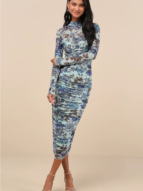 Lulus Dresses & Skirts - Lulu's Impressive Flirt Blue Floral Mesh Ruched Mock Neck Midi Dress